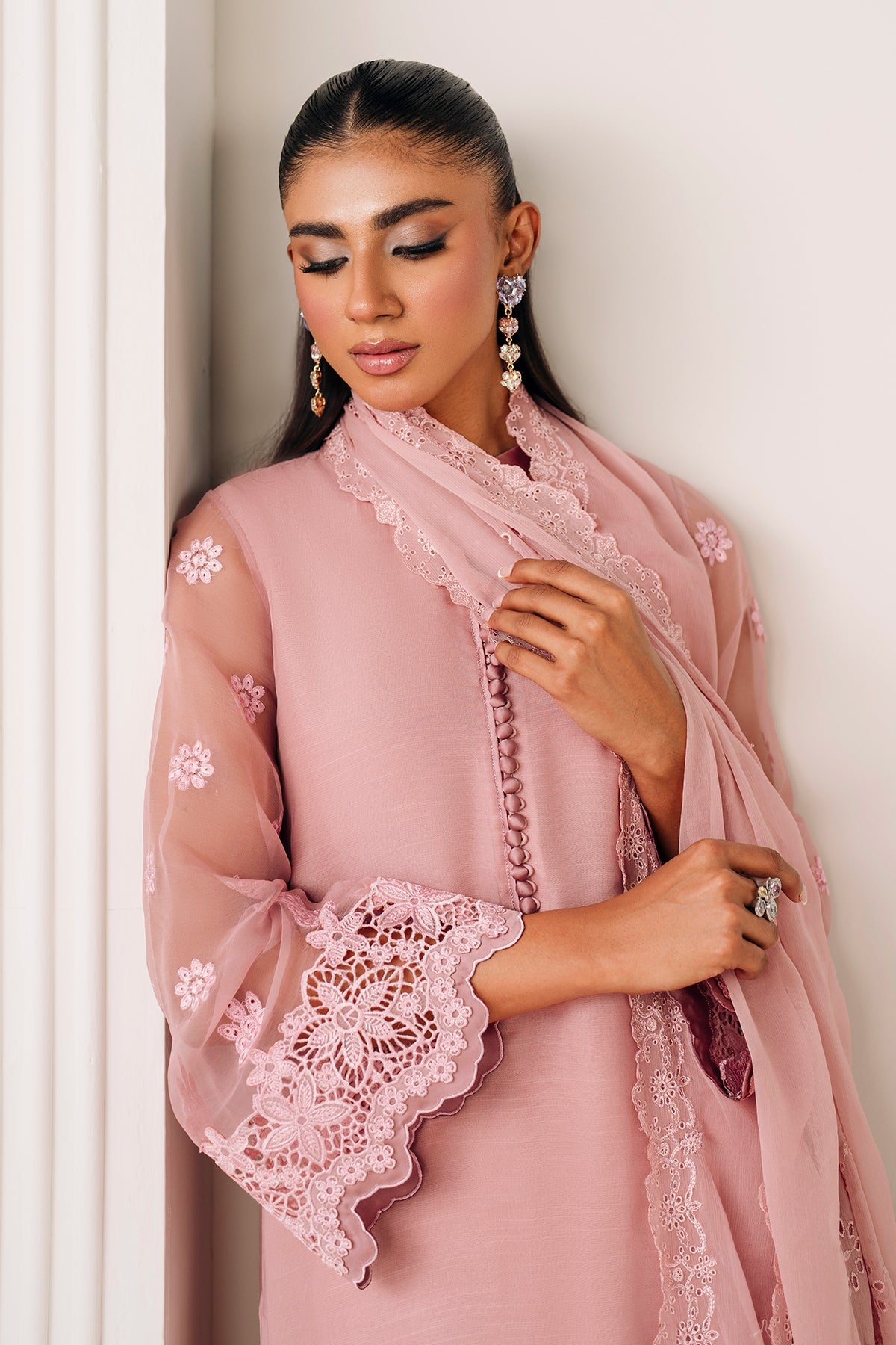 chiffon dupatta dresses Bamber chiffon embroidered shirt paired with a matching chiffon dupatta, featuring detailed threadwork across the fabric. The look is completed with a raw silk trouser, creating a balanced and