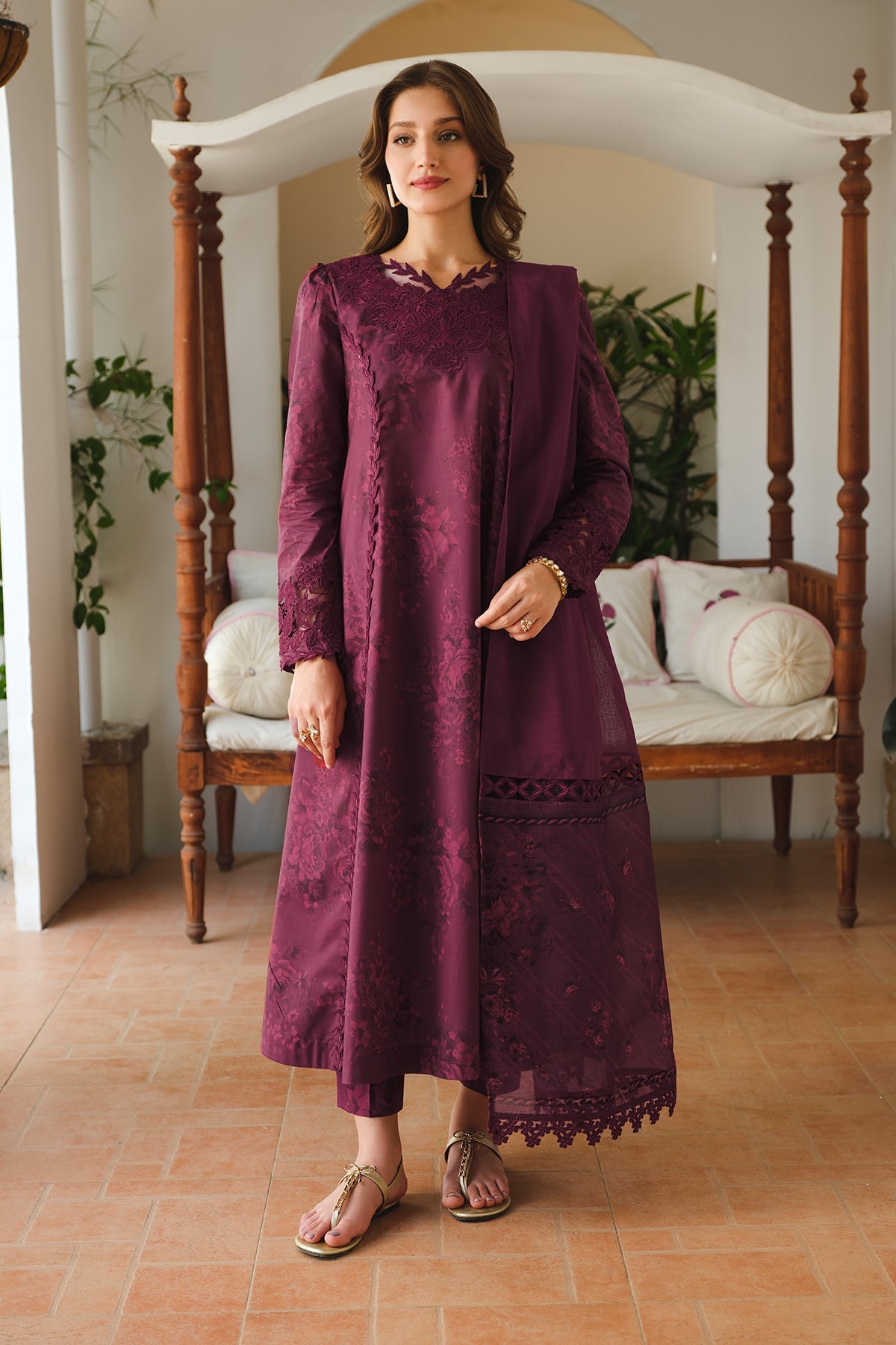 embroidered printed lawn dress Trendy Embroidered Lawn Dress with Printed Chiffon Dupatta (DZ17923)   DressyZone.com